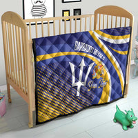 Blue and yellow Barbados Royals quilt laid in a playpen, featuring trident emblem and “Your Text”.