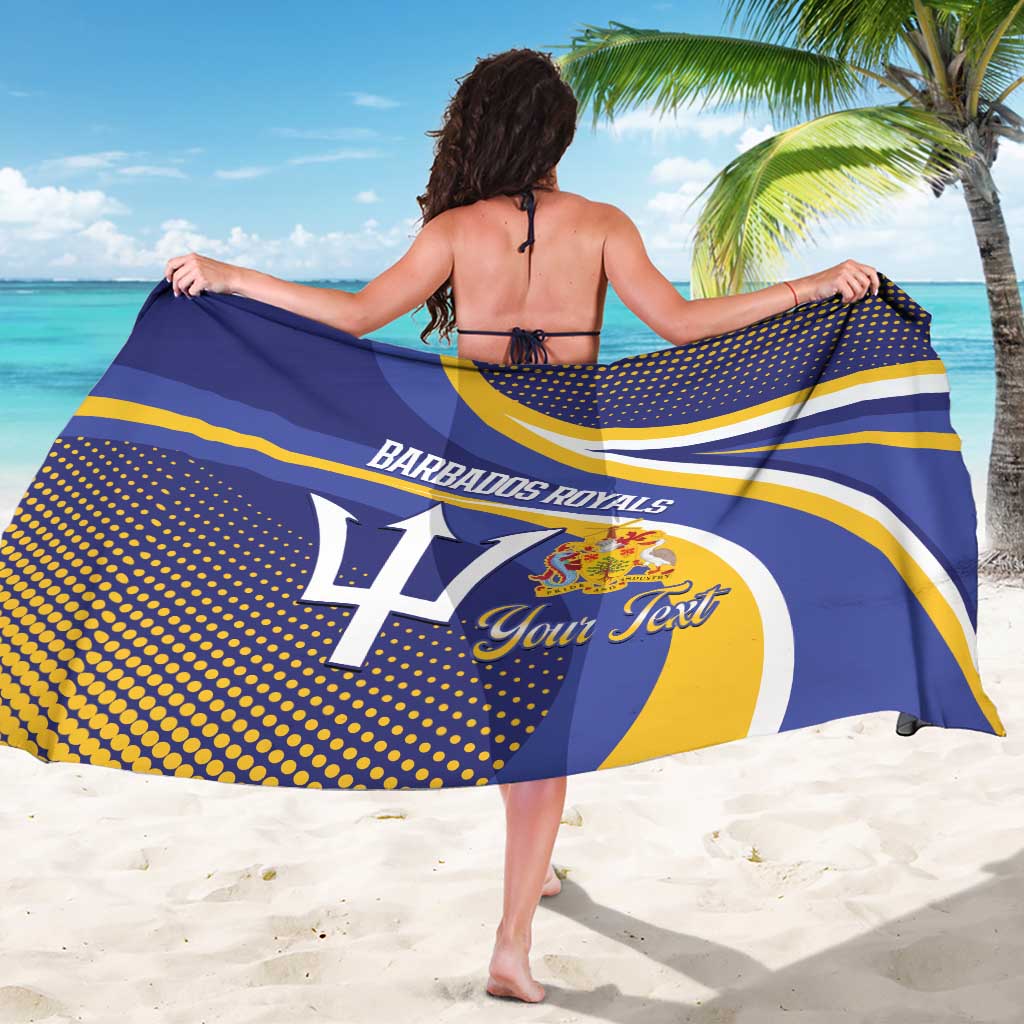 Cricket sarong worn, navy with yellow stripes, dotted trim, and team crest