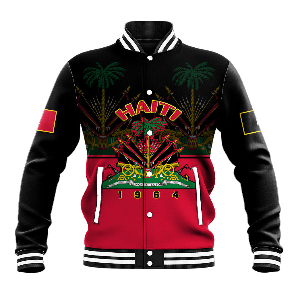 Black and red Haiti varsity baseball jacket with palm crest graphic and button front