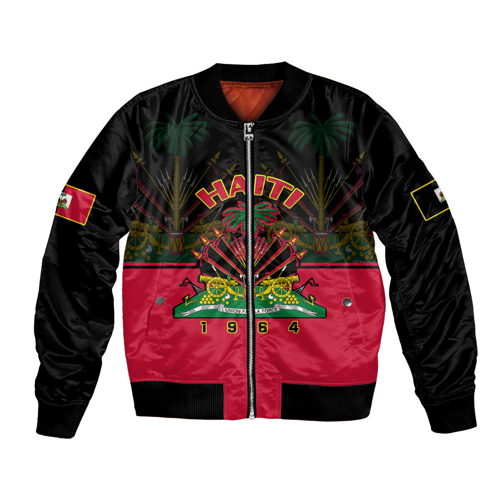 Black bomber jacket with red center panel, zip front, Haiti crest and 1964 graphic
