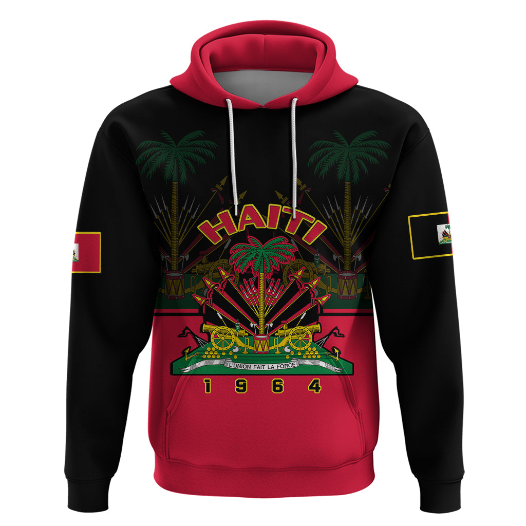 Black and red pullover hoodie with HAITI crest graphic and palm tree design