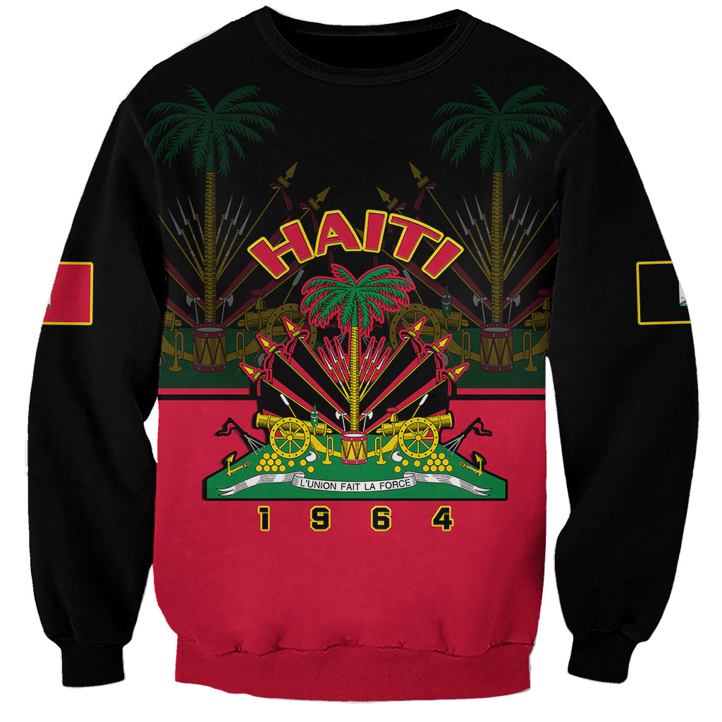 Black and red sweatshirt with Haiti crest, palm trees, and flag-style emblem
