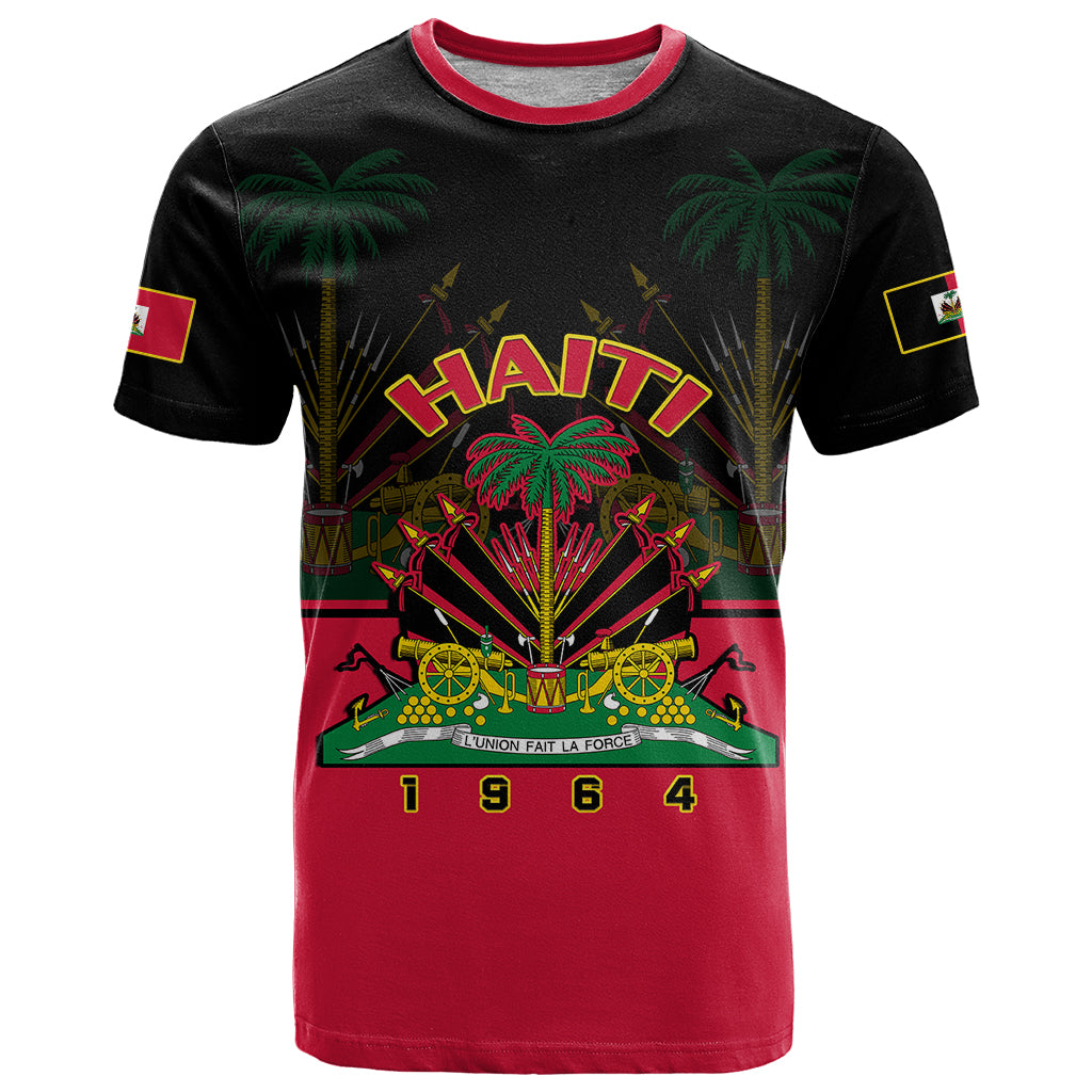 Black and red T-shirt with Haiti crest graphic and flag-style sleeve patches