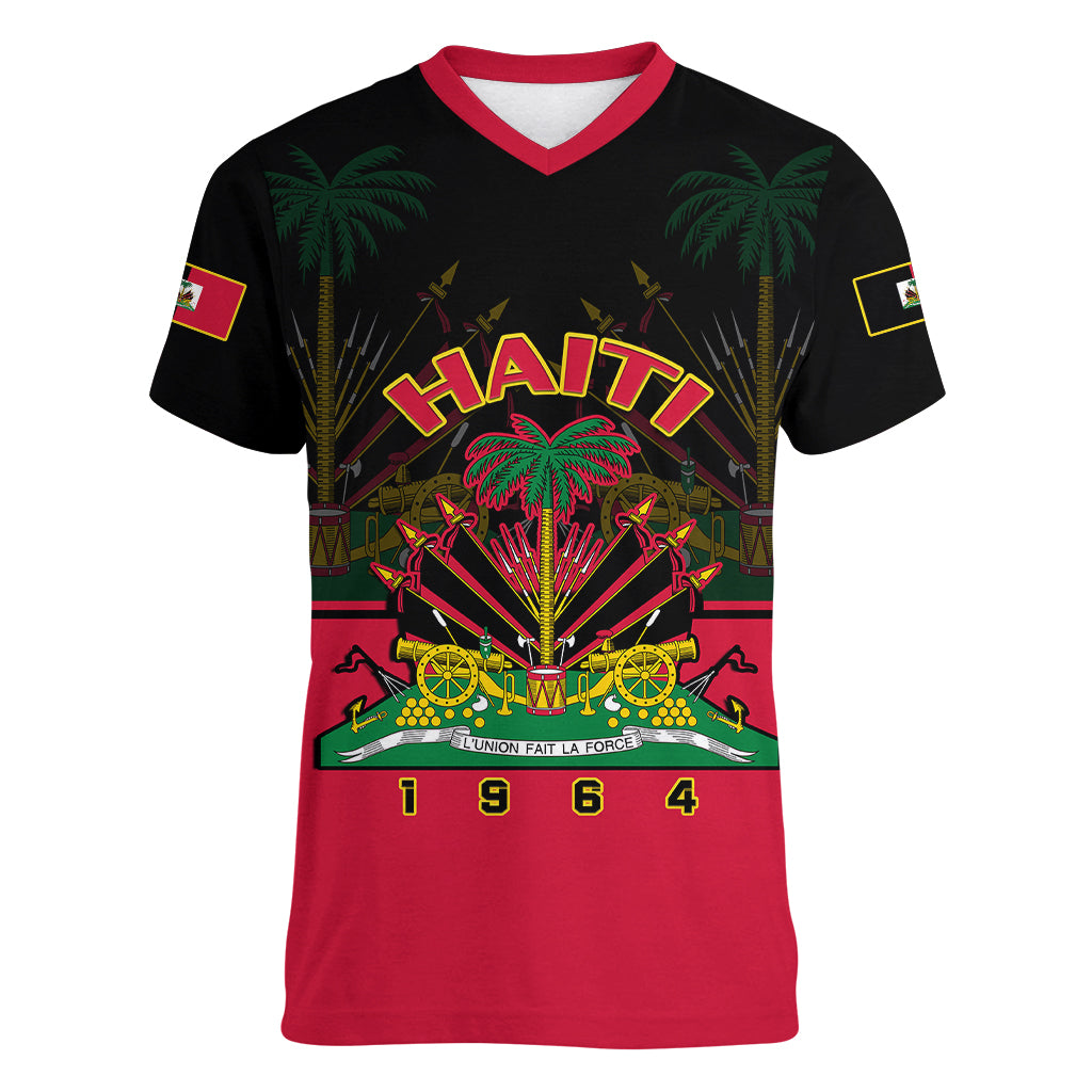 Personalised Haiti 1964 Women V Neck T Shirt Coat Of Arms Flag Style - Wonder Print Shop