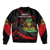 Black bomber jacket with back graphic reading HAITI and L'UNION FAIT LA FORCE