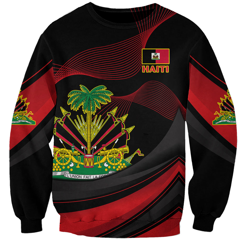 Black Haiti graphic sweatshirt with red curved stripes and coat of arms front