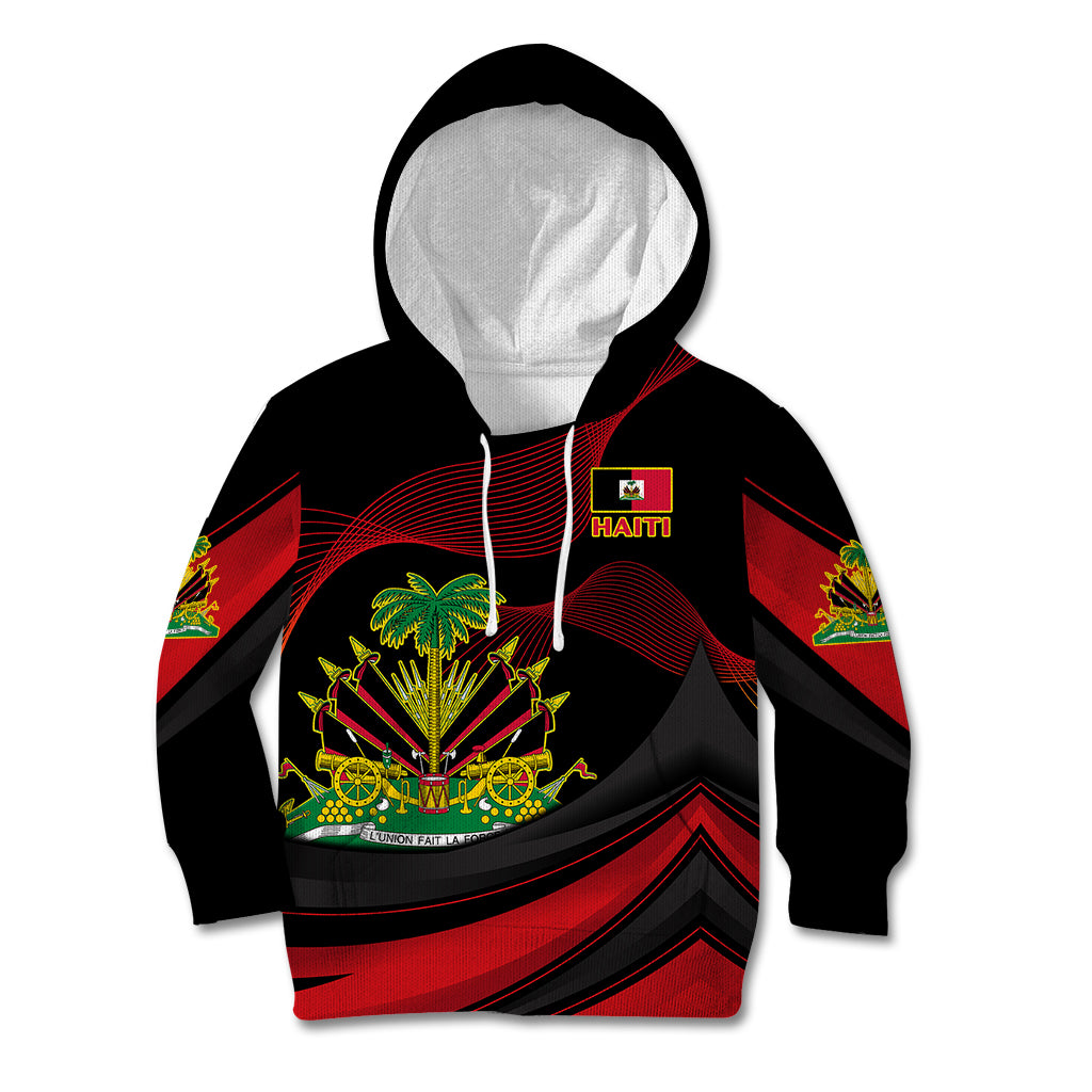 Kids black pullover hoodie with red and green Haiti crest graphic, white drawstrings