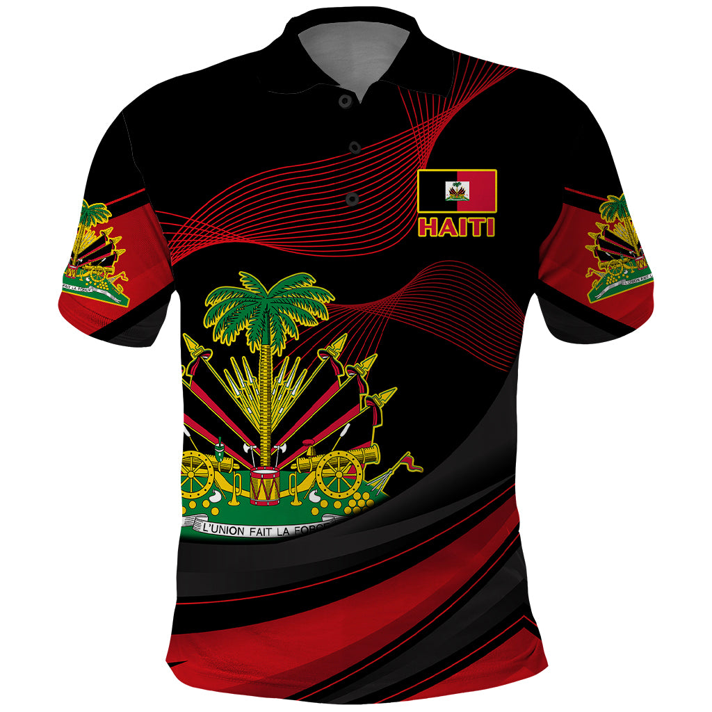 Black polo shirt with red curved wave graphics, Haitian coat of arms and “HAITI” on chest