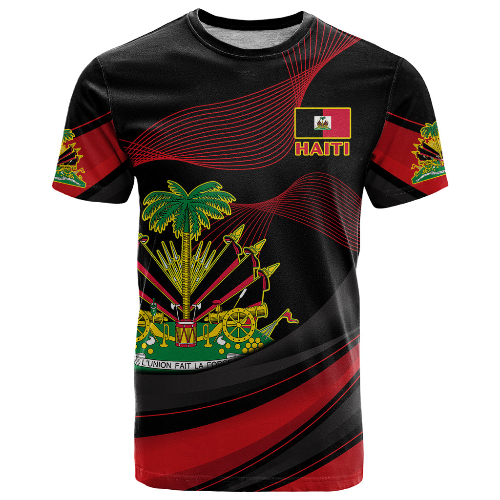 Black graphic t-shirt with Haiti crest, palm trees, and red curved stripe print