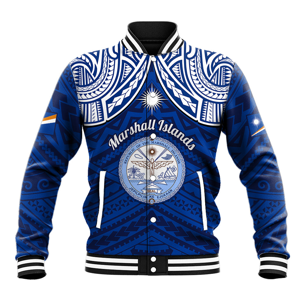 Blue baseball jacket with tribal print, striped ribbed collar and button front