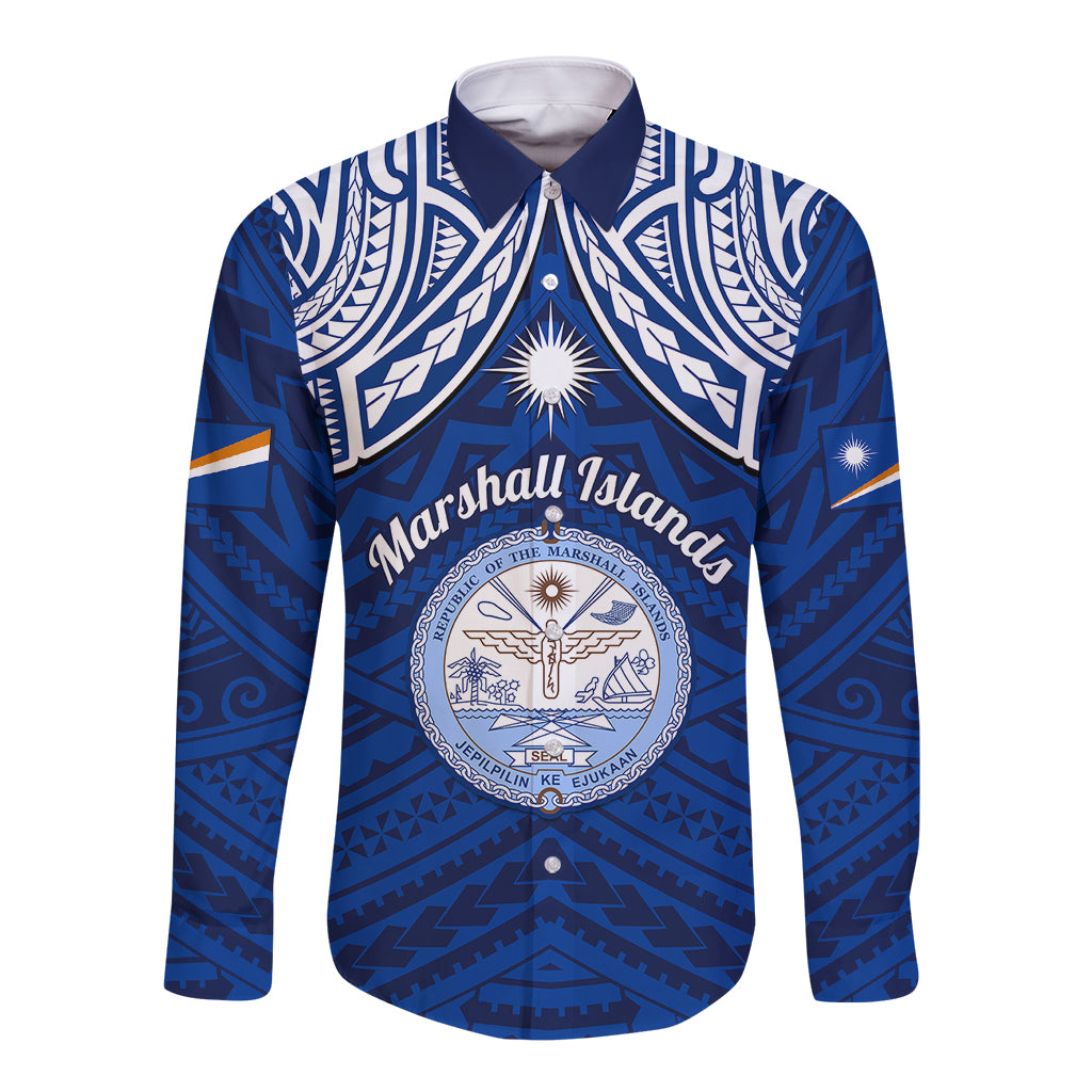 Blue long-sleeve button shirt with Polynesian tribal pattern and central crest emblem