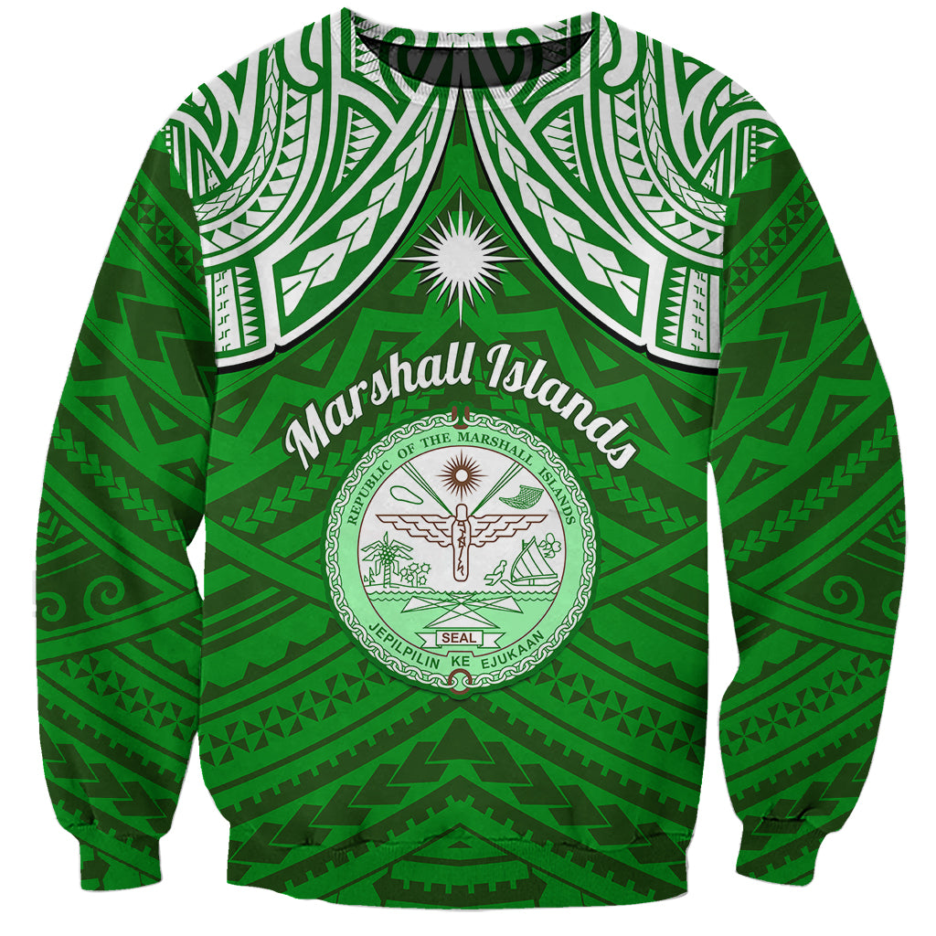 Green sweatshirt with Polynesian tribal print and central coat of arms emblem front