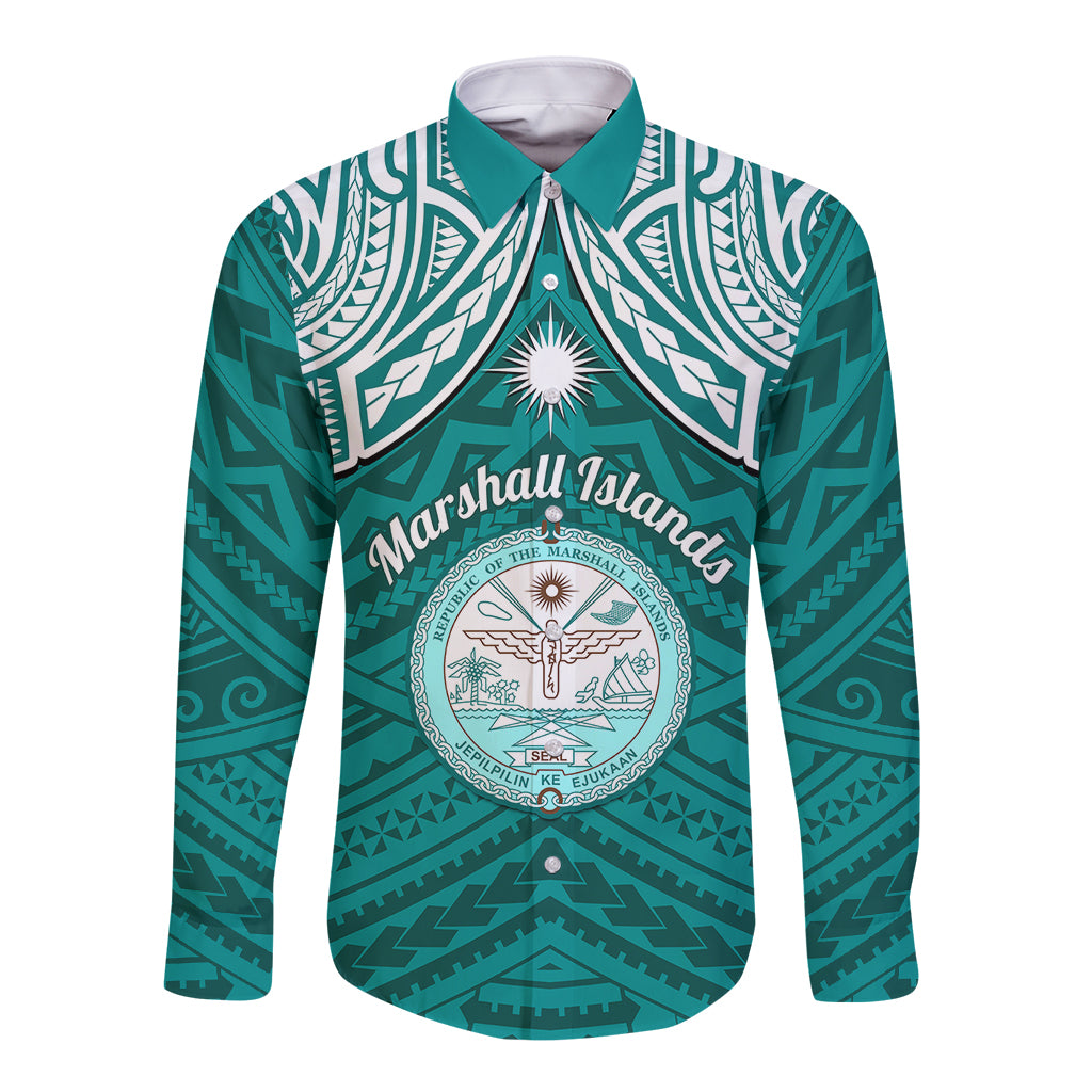 Turquoise long-sleeve button shirt with tribal print and crest, front view