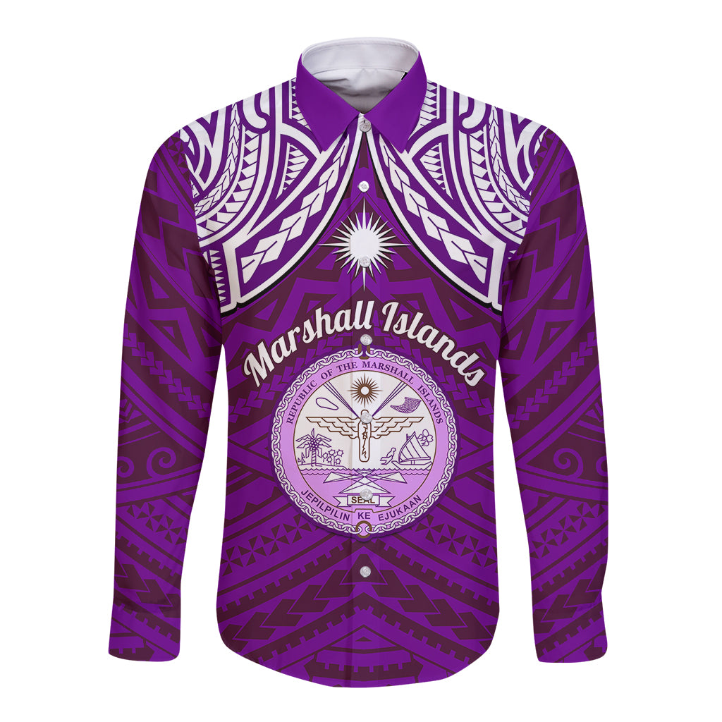 Purple long-sleeve button shirt with white tribal pattern and front crest emblem