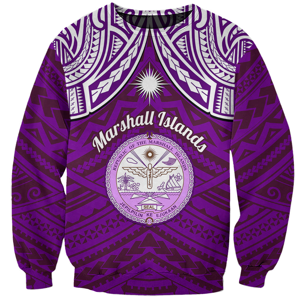 Purple unisex sweatshirt with tribal pattern and Marshall Islands coat of arms graphic