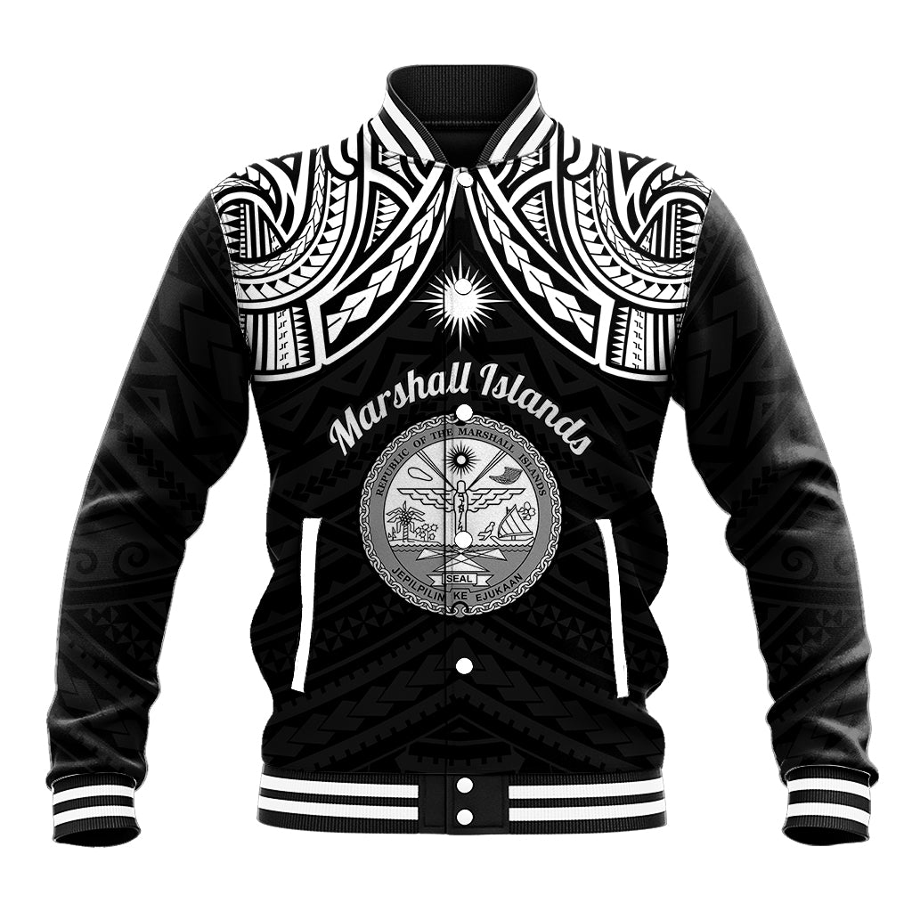 Black baseball jacket with white tribal pattern sleeves, front crest graphic, and ribbed cuffs