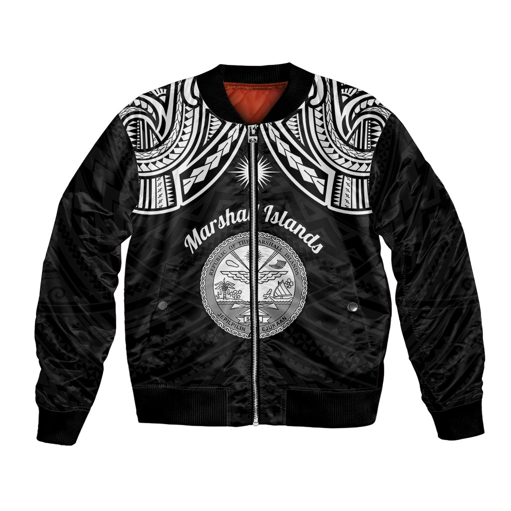 Black bomber jacket with zipper, front pockets, and white tribal yoke with round crest