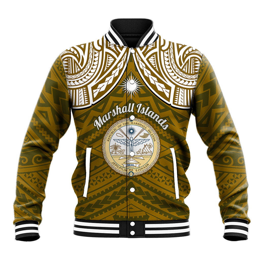 Gold/olive baseball jacket with white tribal pattern, striped rib collar, crest front