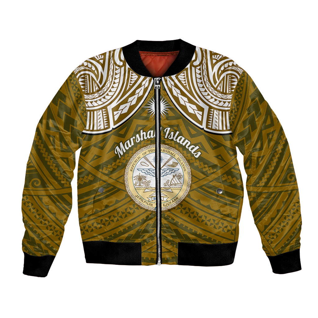 Gold and olive bomber jacket with zip front, tribal white print and circular crest