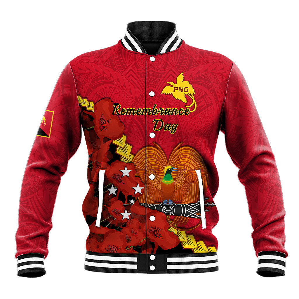 Red baseball jacket, striped rib collar/cuffs, full-zip, PNG emblem and memorial graphic