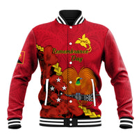 Red baseball jacket, striped rib collar/cuffs, full-zip, PNG emblem and memorial graphic