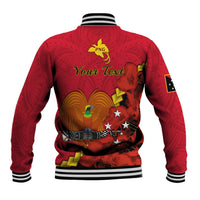 Red baseball jacket back view, striped rib collar/cuffs, PNG badge and eagle memorial design