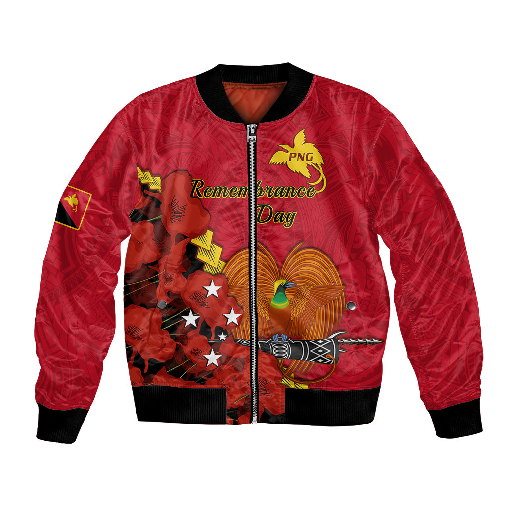 Red bomber jacket with black ribbed cuffs, front zip, Remembrance Day graphic and PNG badge
