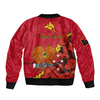 Red bomber jacket back with black ribbed hem, Your Text and bird, stars, drum graphic