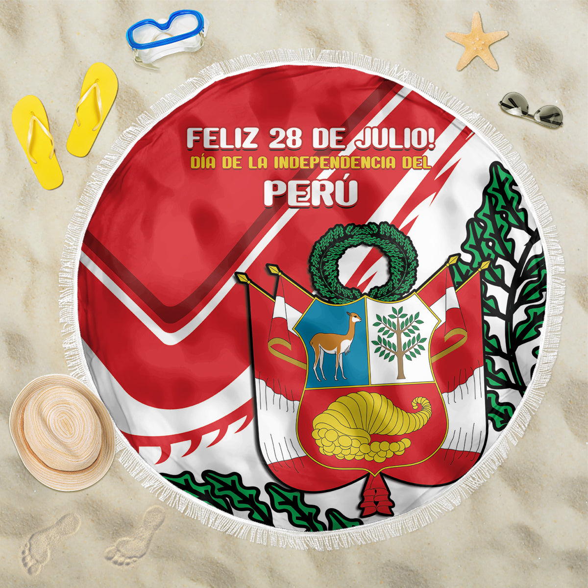 Red round beach blanket with fringe, Peru coat of arms and 'Feliz 28 de Julio' text