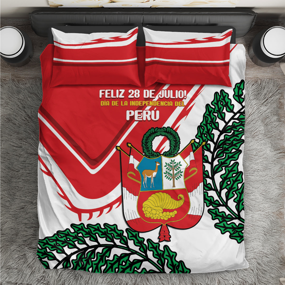 Red and white Peruvian-themed bedding set with coat of arms crest; two matching pillowcases.