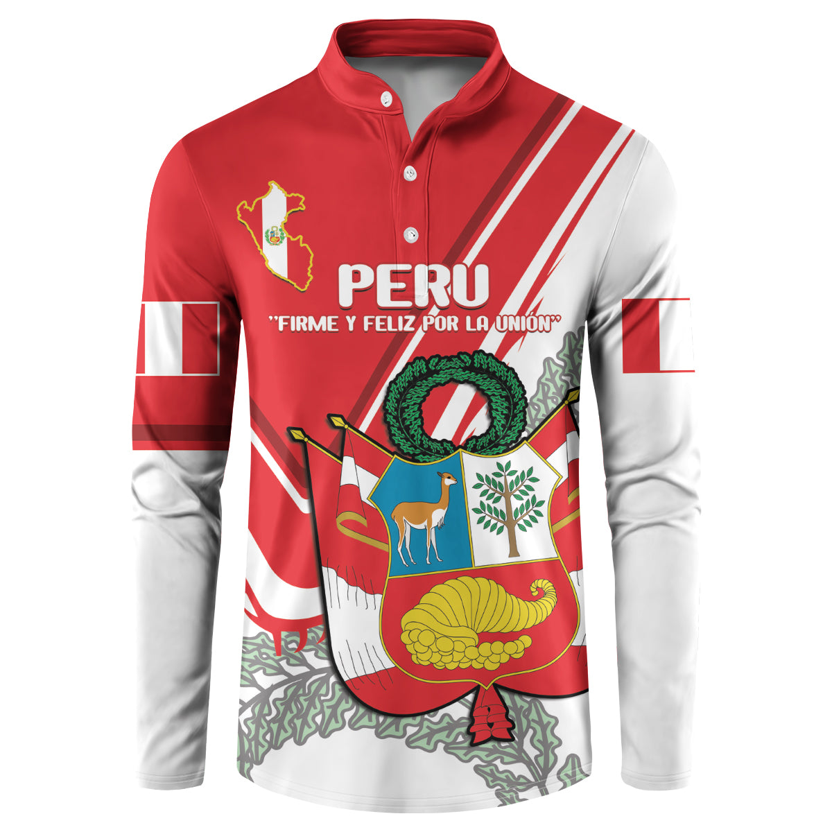 Red and white Peru graphic button sweatshirt with long sleeves and front button placket