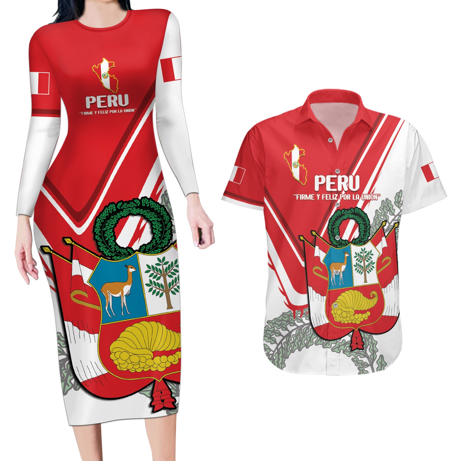 Peru Independence Day Couples Matching Long Sleeve Bodycon Dress and Hawaiian Shirt Peruvian Coat Of Arms Feliz 28 de Julio - Wonder Print Shop