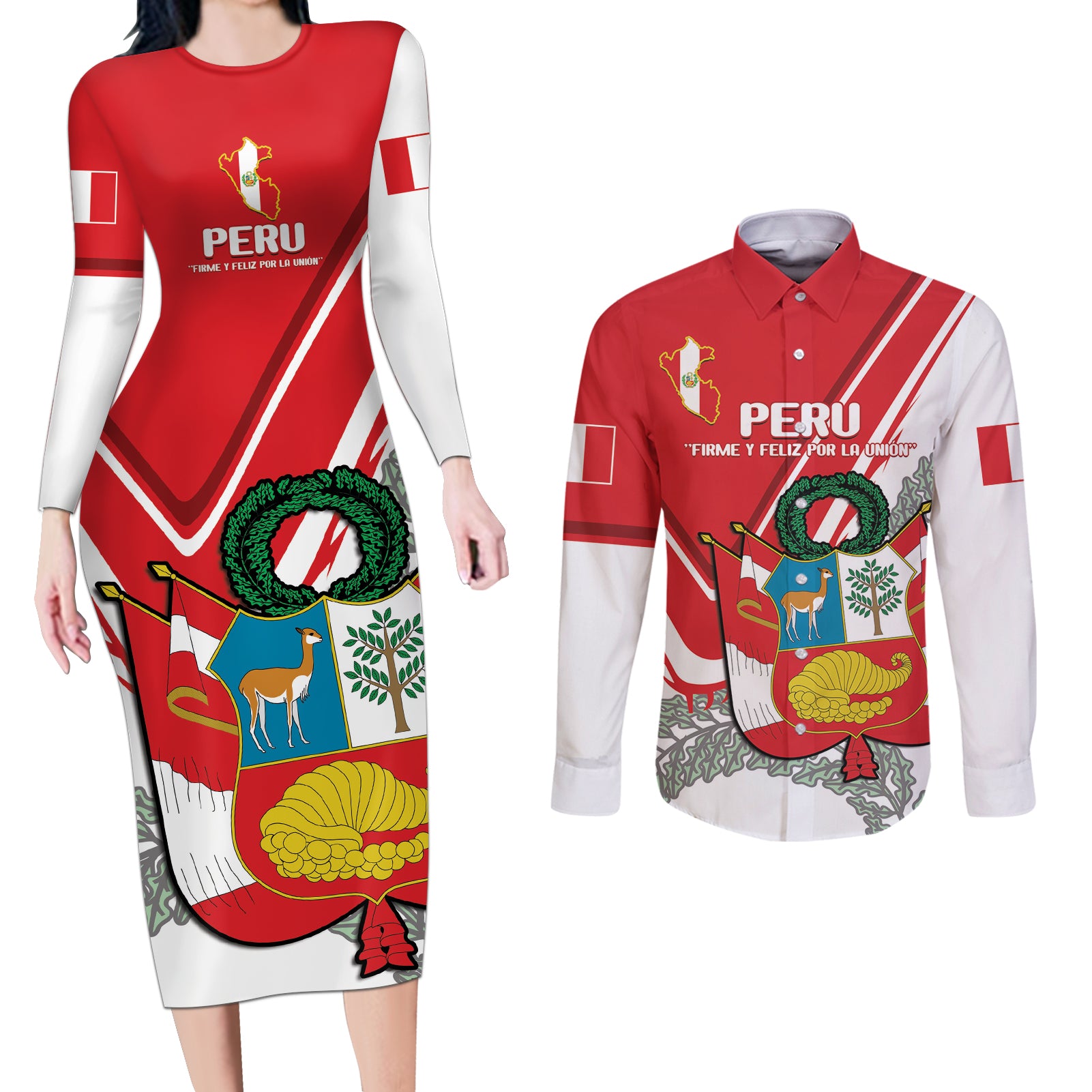 Peru Independence Day Couples Matching Long Sleeve Bodycon Dress and Long Sleeve Button Shirt Peruvian Coat Of Arms Feliz 28 de Julio - Wonder Print Shop