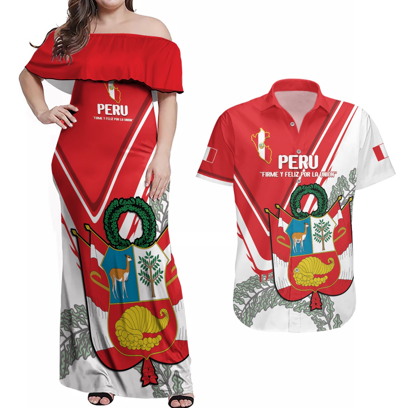 Peru Independence Day Couples Matching Off Shoulder Maxi Dress and Hawaiian Shirt Peruvian Coat Of Arms Feliz 28 de Julio - Wonder Print Shop