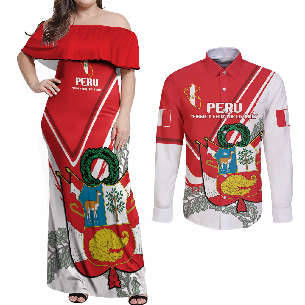 Peru Independence Day Couples Matching Off Shoulder Maxi Dress and Long Sleeve Button Shirt Peruvian Coat Of Arms Feliz 28 de Julio - Wonder Print Shop