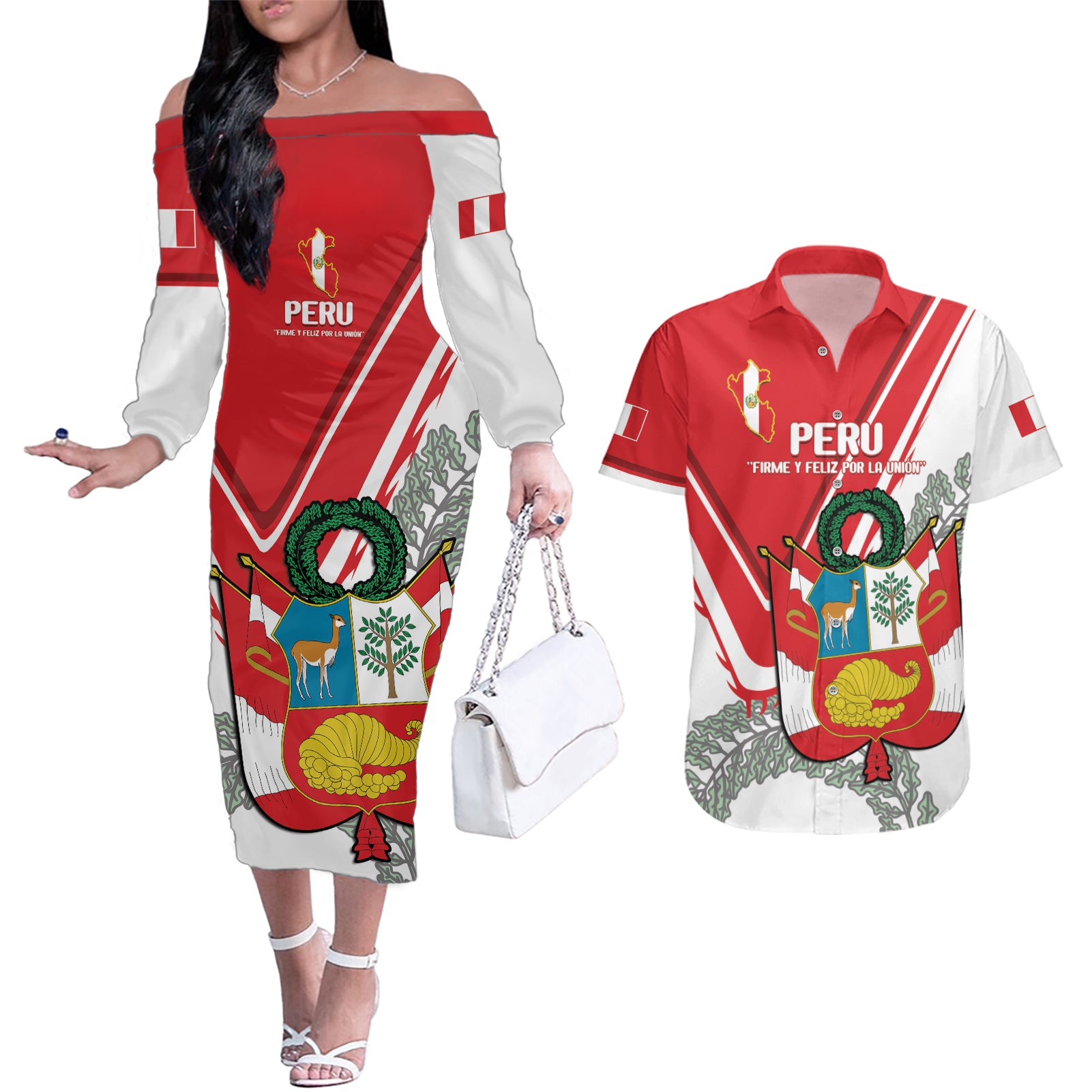 Peru Independence Day Couples Matching Off The Shoulder Long Sleeve Dress and Hawaiian Shirt Peruvian Coat Of Arms Feliz 28 de Julio - Wonder Print Shop