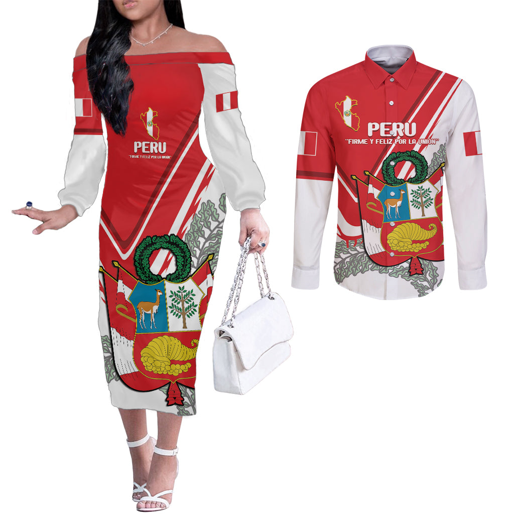 Peru Independence Day Couples Matching Off The Shoulder Long Sleeve Dress and Long Sleeve Button Shirt Peruvian Coat Of Arms Feliz 28 de Julio