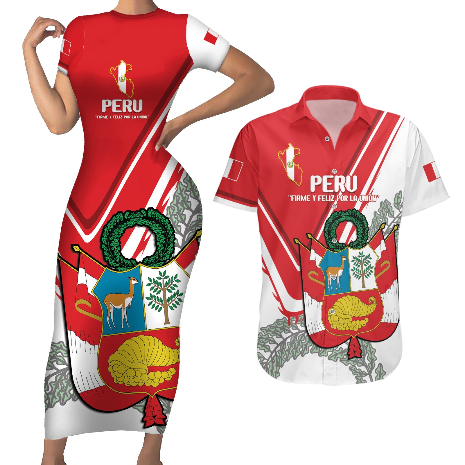 Peru Independence Day Couples Matching Short Sleeve Bodycon Dress and Hawaiian Shirt Peruvian Coat Of Arms Feliz 28 de Julio - Wonder Print Shop