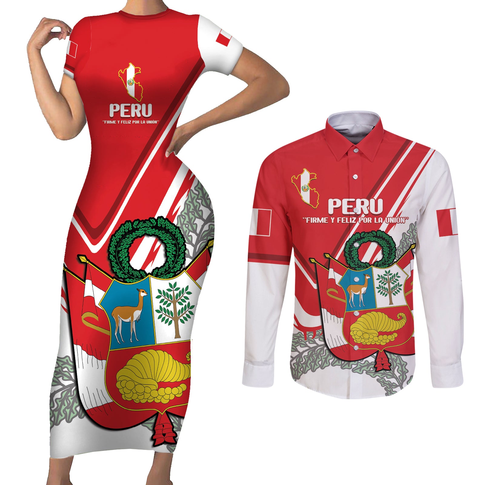 Peru Independence Day Couples Matching Short Sleeve Bodycon Dress and Long Sleeve Button Shirt Peruvian Coat Of Arms Feliz 28 de Julio - Wonder Print Shop