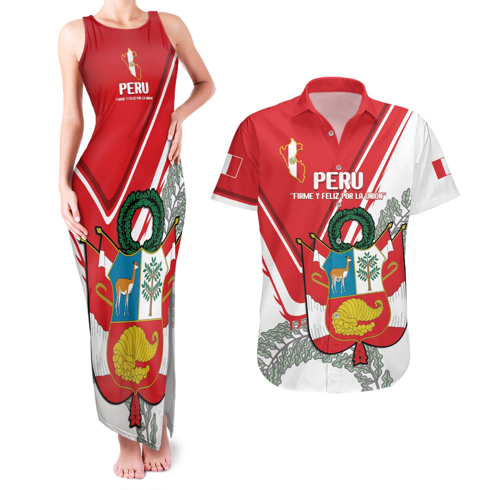 Peru Independence Day Couples Matching Tank Maxi Dress and Hawaiian Shirt Peruvian Coat Of Arms Feliz 28 de Julio - Wonder Print Shop