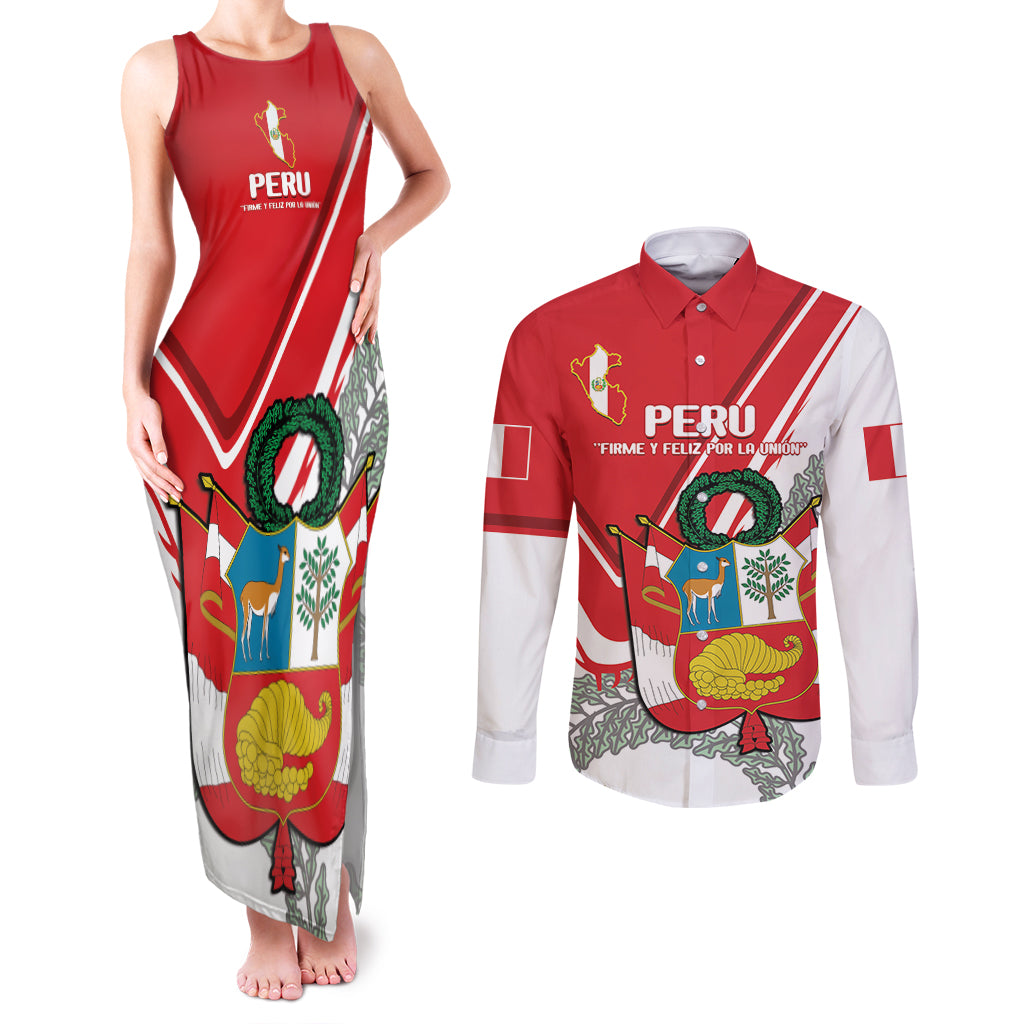 Peru Independence Day Couples Matching Tank Maxi Dress and Long Sleeve Button Shirt Peruvian Coat Of Arms Feliz 28 de Julio - Wonder Print Shop