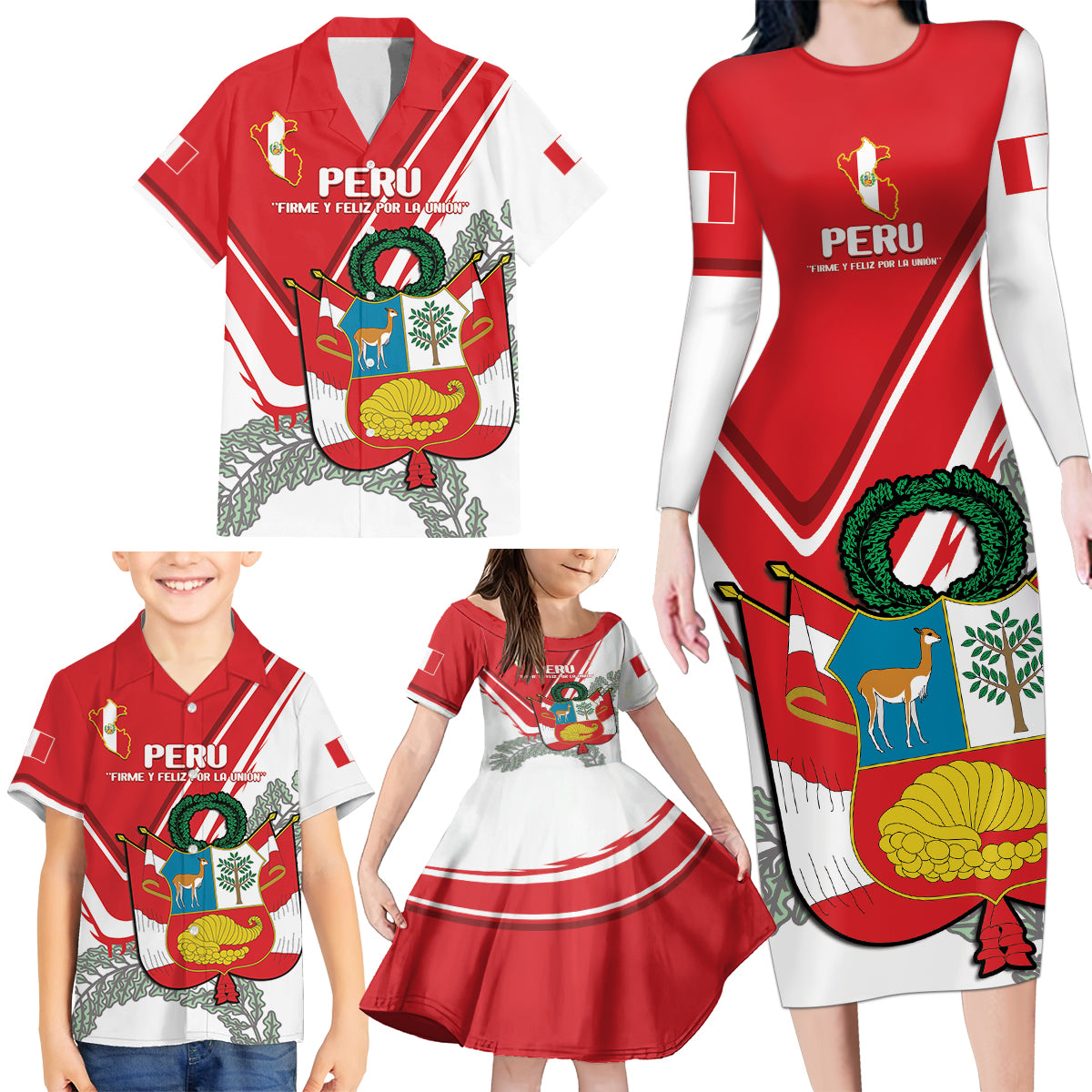 Peru Independence Day Family Matching Long Sleeve Bodycon Dress and Hawaiian Shirt Peruvian Coat Of Arms Feliz 28 de Julio - Wonder Print Shop