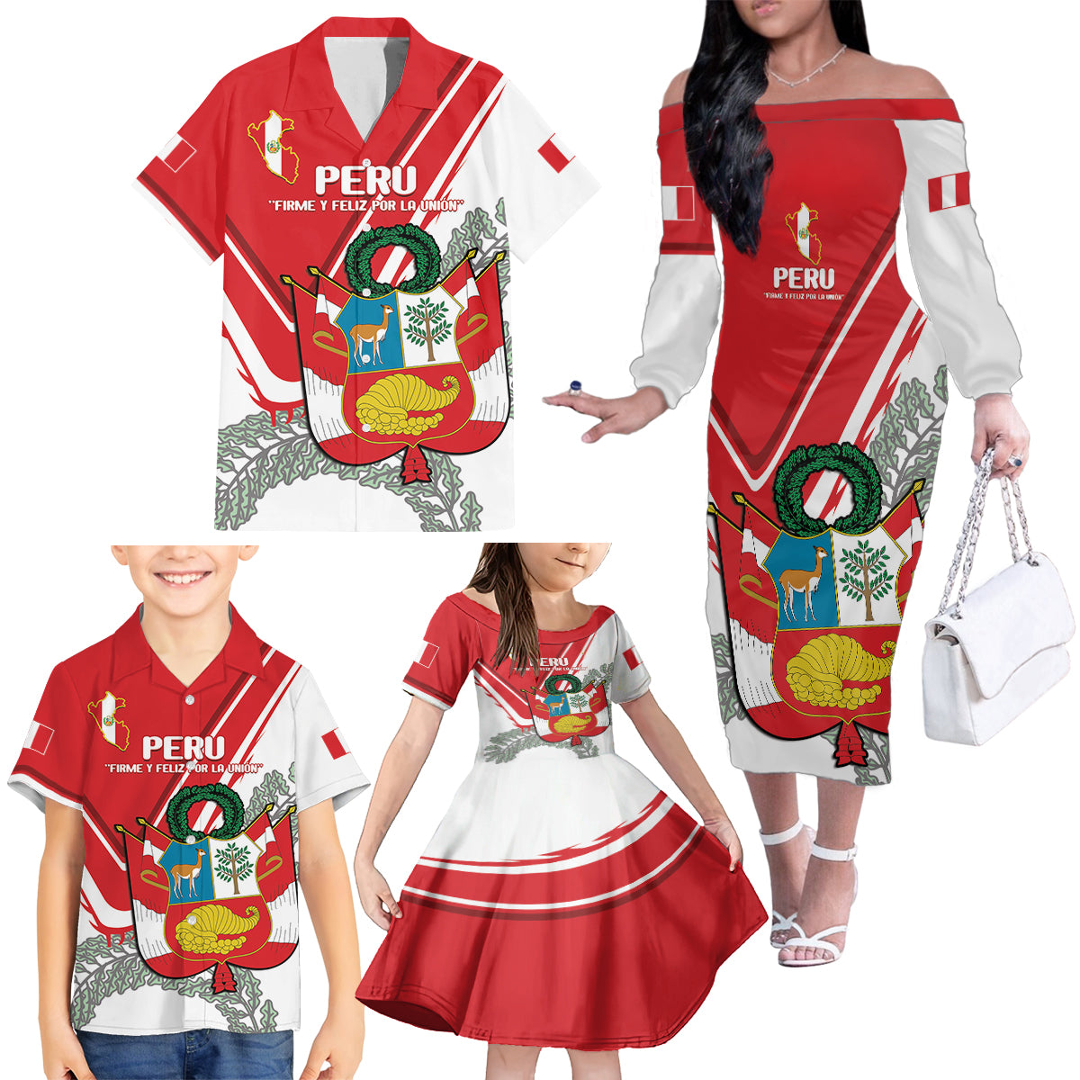 Peru Independence Day Family Matching Off The Shoulder Long Sleeve Dress and Hawaiian Shirt Peruvian Coat Of Arms Feliz 28 de Julio - Wonder Print Shop