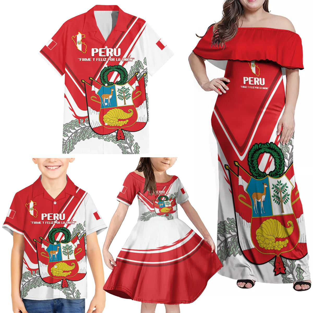 Peru Independence Day Family Matching Off Shoulder Maxi Dress and Hawaiian Shirt Peruvian Coat Of Arms Feliz 28 de Julio - Wonder Print Shop