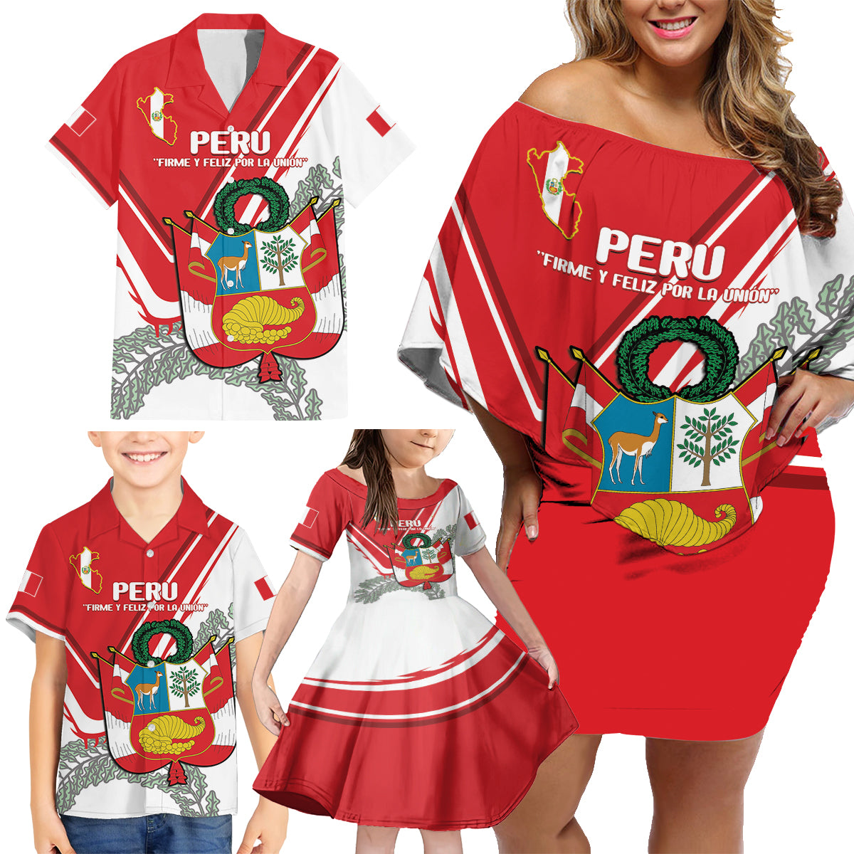 Peru Independence Day Family Matching Off Shoulder Short Dress and Hawaiian Shirt Peruvian Coat Of Arms Feliz 28 de Julio - Wonder Print Shop