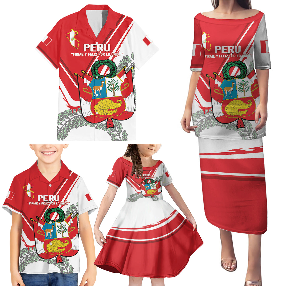 Peru Independence Day Family Matching Puletasi and Hawaiian Shirt Peruvian Coat Of Arms Feliz 28 de Julio - Wonder Print Shop