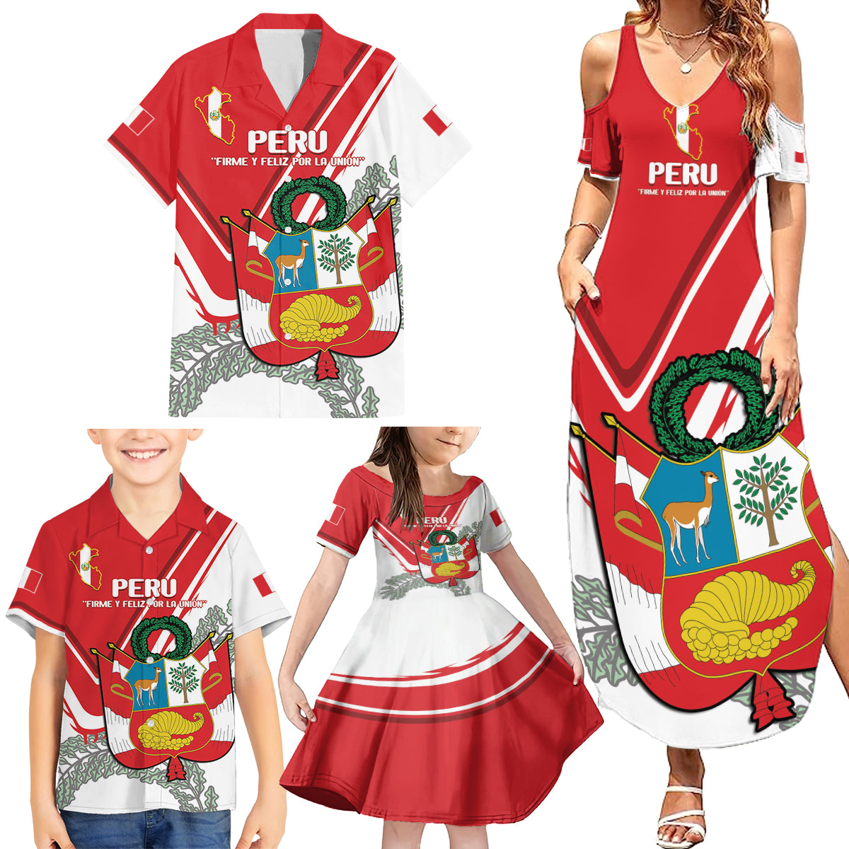 Peru Independence Day Family Matching Summer Maxi Dress and Hawaiian Shirt Peruvian Coat Of Arms Feliz 28 de Julio - Wonder Print Shop