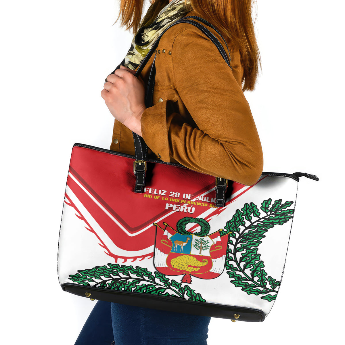 Peru Independence Day Leather Tote Bag Peruvian Coat Of Arms Feliz 28 de Julio - Wonder Print Shop