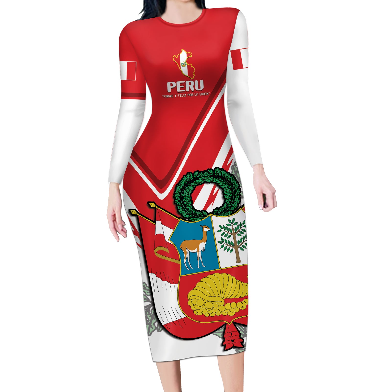 Peru Independence Day Long Sleeve Bodycon Dress Peruvian Coat Of Arms Feliz 28 de Julio - Wonder Print Shop