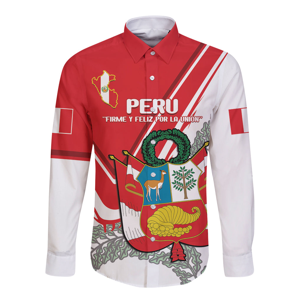 Red and white long-sleeve button shirt with Peruvian crest and festive banner graphic